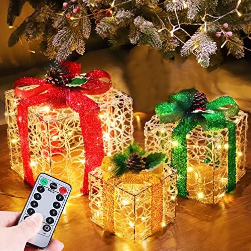 [Супер големи 12 -10-8] 3 Опаковане на Коледни подаръци кутии с 60 led подсветками, Бижута, изработени От Прозрачен акрил, Таймер, 8 Режими, Подарък кутия с дистанционно упр?