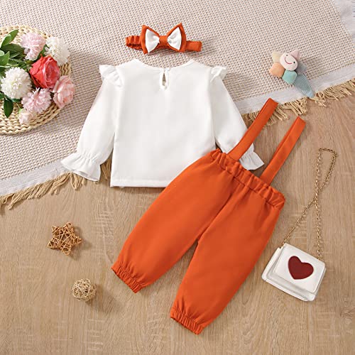 Есенни блузи с дълъг ръкав и набори за новородени момичета, пуловер, панталони на подтяжках, ленти за коса (бял, 12-18 месеца)