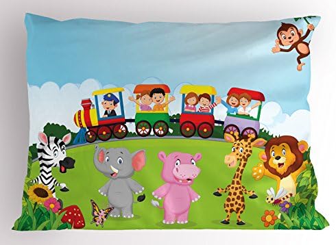 Калъфка Ambesonne с Анимационни Модел, Забавен Cartoony Дизайн Happy on a Choo Train с участието на животни от Саваната и гората,