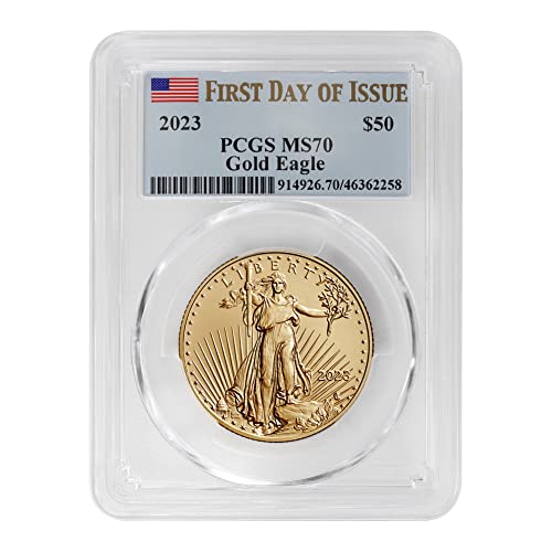 Монета MS-70 на кюлчета американския златен орел с тегло 1 унция 2023 година (Първия ден на издаване - Етикет с флага) на стойност