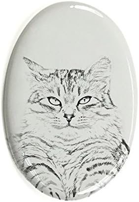 Арт Дог Оод. Сибирската котка, Овално Надгробен камък от Керамични Плочки с Изображение на котка