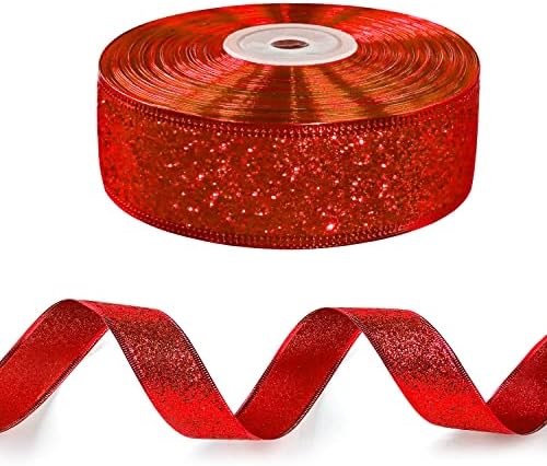 LaRibbons Лъскава Жичен Коледна Празнична Лента - 1,5 Инча x 25 Ярда Червена Панделка за Дома, Подарък опаковки, занаяти собствените