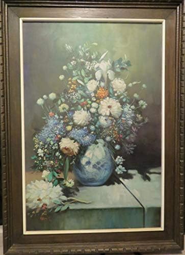 Красива картина с маслени бои на художника В. Г. Рамоса с цветя във ваза. Самото художествено платно е с размери 36 х 24 инча. С