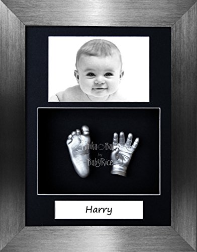 Комплект за детска леене BabyRice / Матова Калай рамка размер 11,5x8,5 инча / Черно определяне на 3 дупки за портрет / Черна основа