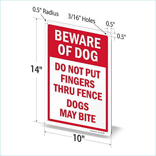 Метални табели SmartSign 14 x 10 инча Внимание, куче - не просовывайте пръсти През оградата, кучетата могат да хапят, 40-мм Ламиниран