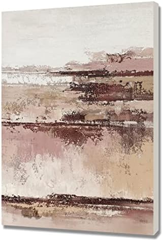 BATRENDY ARTS Абстрактна Живопис с маслени Бои Розово Езеро Платно на Стенно Изкуство, Ръчно Рисувани Розово и Бяло Селски Пейзаж