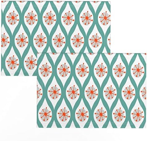 Кърпички от Ленено Futon Платна (комплект от 2 броя) - Модерните Кърпички от бяло, Оранжево, Тюркоаз, Смарагд тъкан средата на века с Дизайн за детска стая от Spoonflower