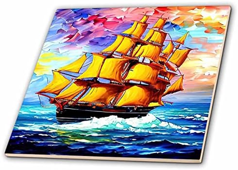Триизмерно цифрово изображение с висока кораб. Фантастичен кораб с жълти платна. Подарък плочки за моряк (ct-375685-6)