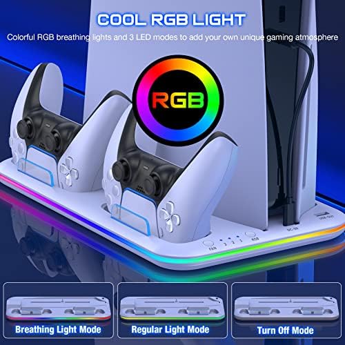 RGB Охлаждаща Поставка с Охлаждащ вентилатор и зарядно устройство за две контролери за Playstation 5, Подобрена Охлаждаща станция за аксесоари за конзоли PS5 Disc & Digital Edition, Д